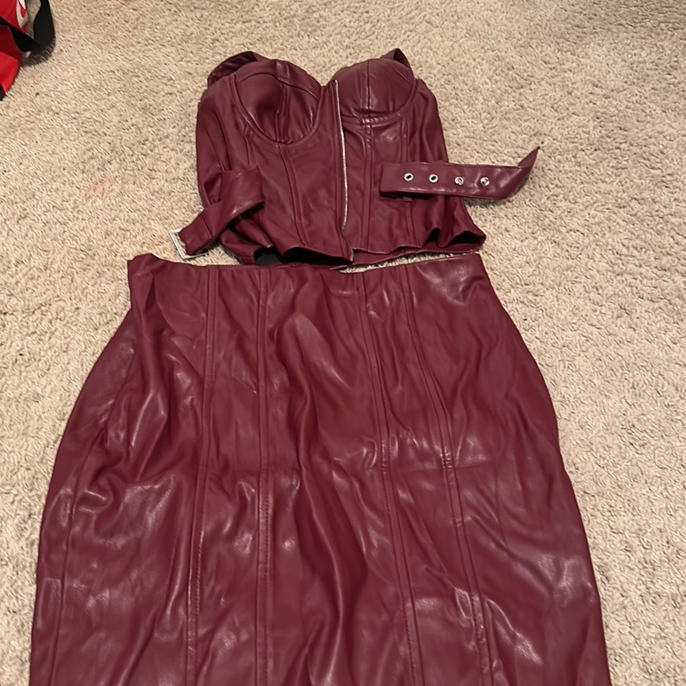 burgundy skirt set